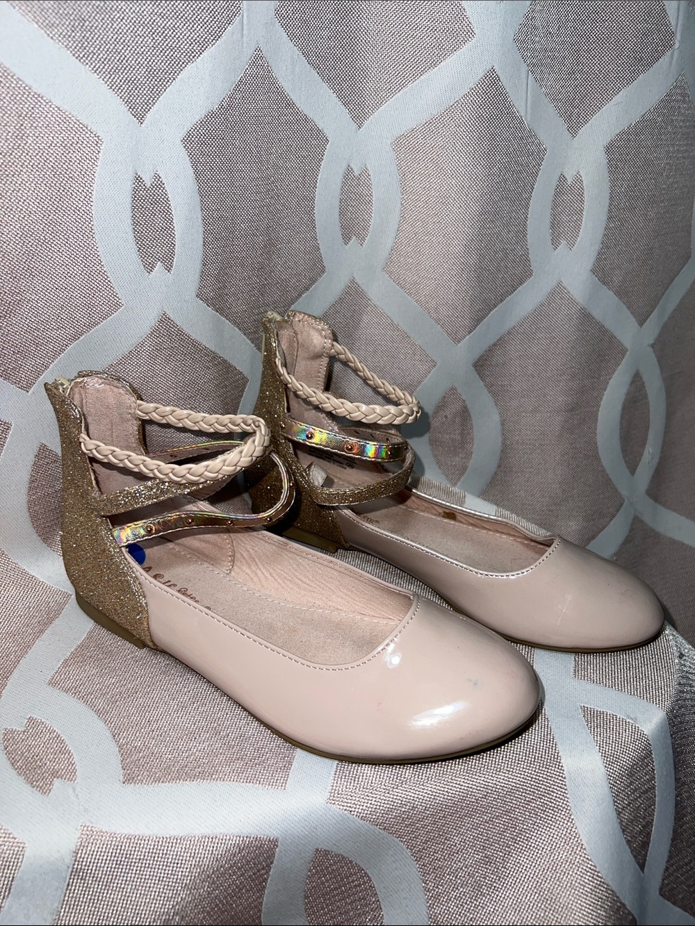Girls Soft Pink Patent Ankle-Strap Flats with Gold Accents
